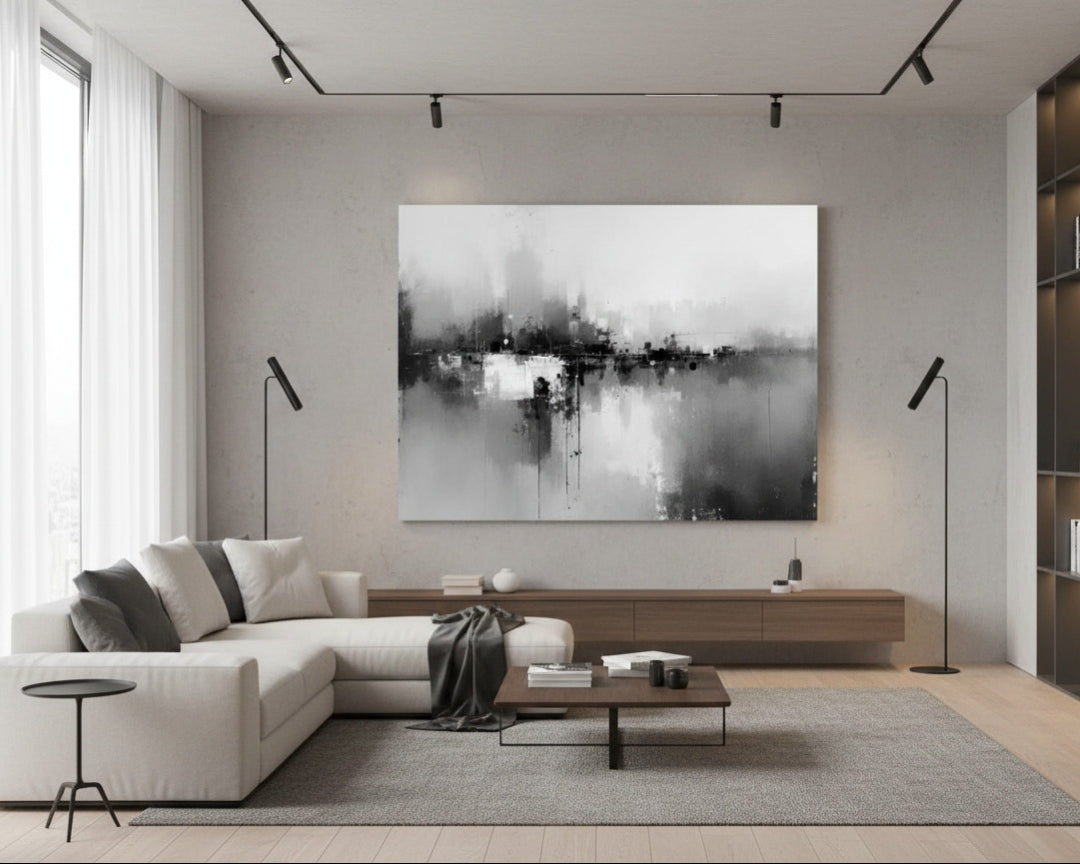 Œuvre murale abstraite intérieur dans un salon
