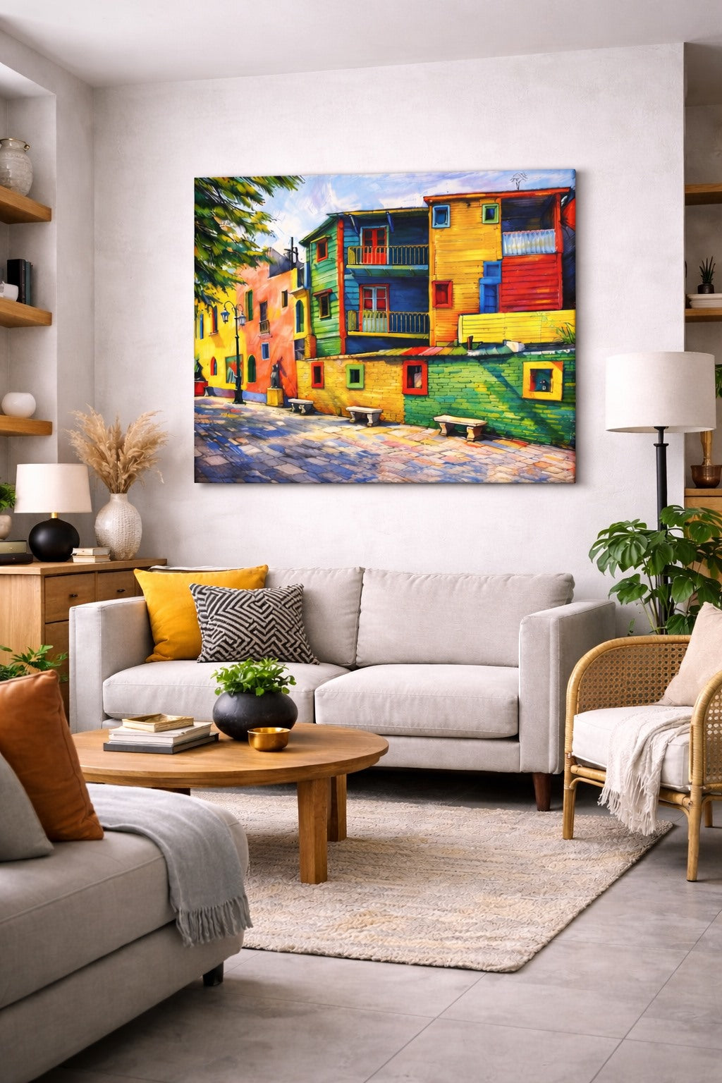 Illustration Buenos Aires La Boca accrochée dans salon moderne décoration murale voyage colorée
