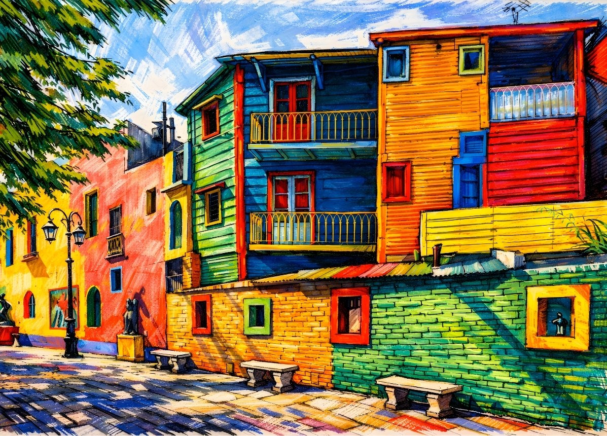 Illustration artistique du quartier La Boca à Buenos Aires façades colorées style peinture urbaine contemporaine
