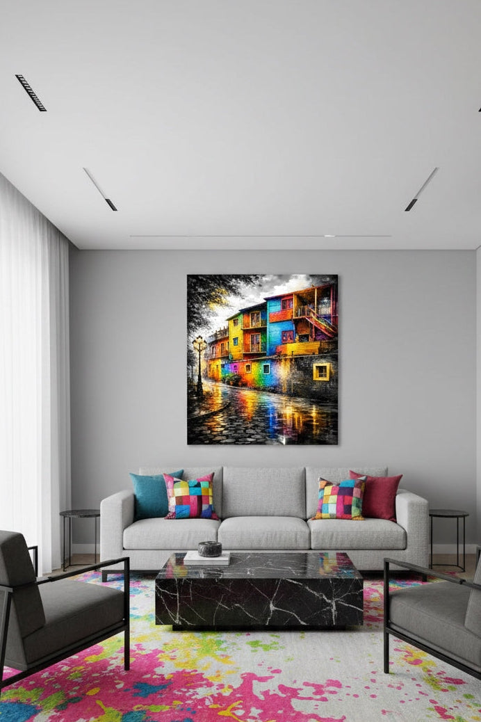 Art mural Buenos Aires La Boca installé dans un salon moderne, ambiance voyage et déco murale contemporaine.
