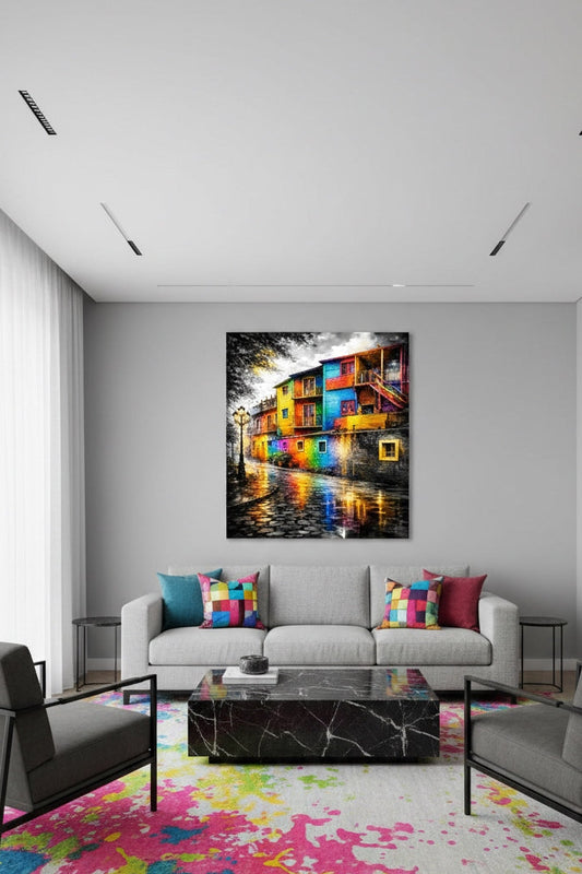 Art mural Buenos Aires La Boca installé dans un salon moderne, ambiance voyage et déco murale contemporaine.
