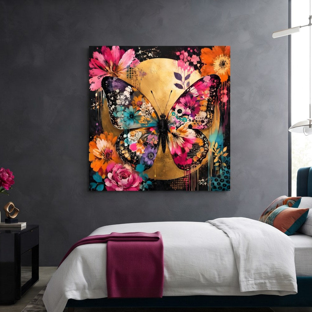 Tableau papillon coloré dans un intérieur contemporain
