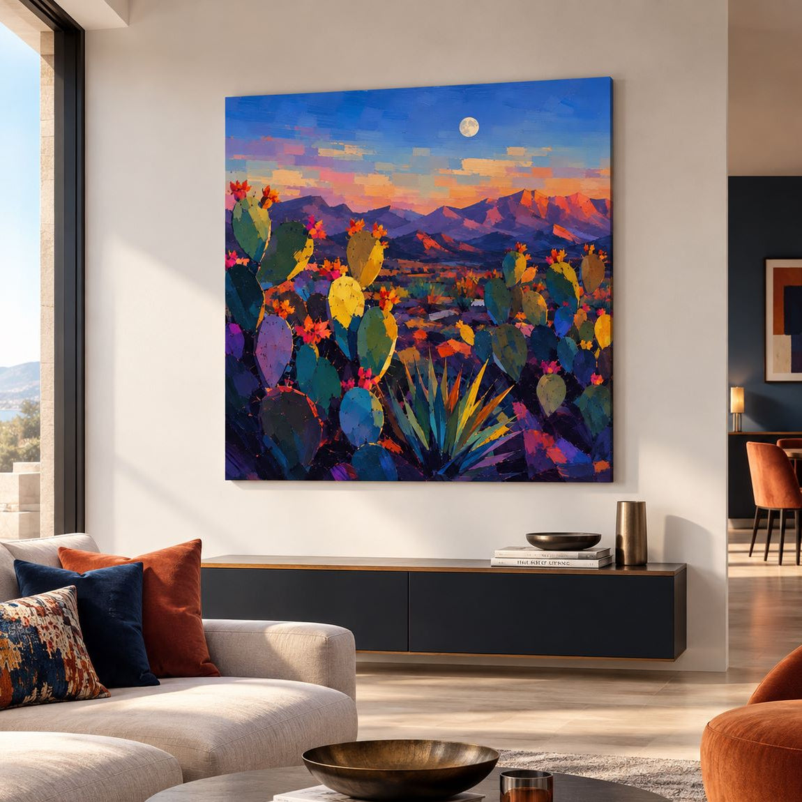Œuvre colorée Cactus Moon présentée dans un intérieur contemporain
