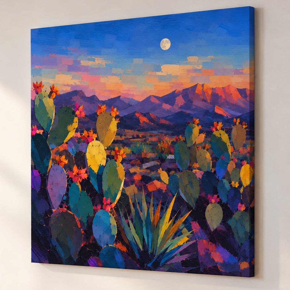 Tableau paysage avec cactus et montagnes imprimé sur toile
