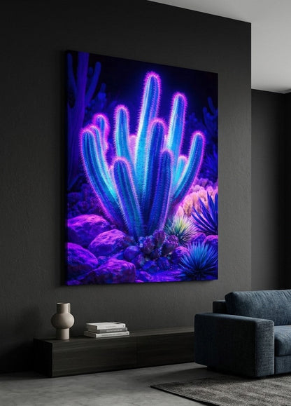 Tableau cactus néon accroché dans un salon moderne ambiance lumineuse et contemporaine

