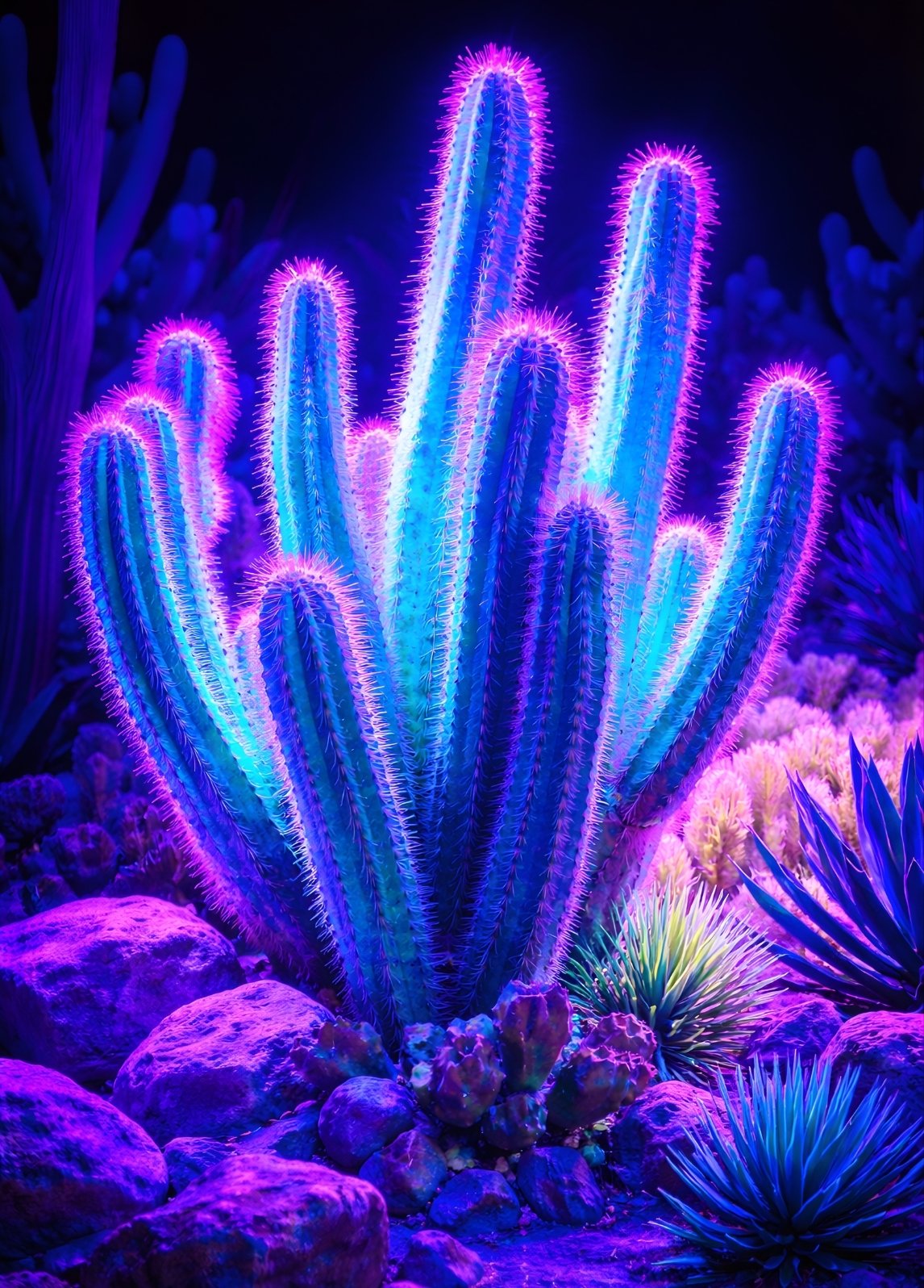 Cactus lumineux néon violet bleu dans un style contemporain et design
