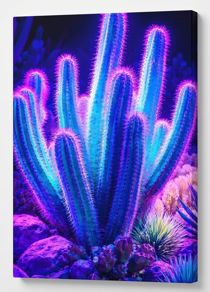 Vue de profil toile cactus néon avec relief et impression haute définition
