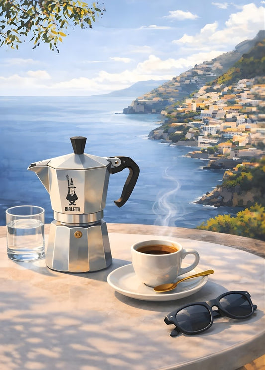 Tableau cafetière italienne Bialetti espresso vue mer méditerranéenne décoration murale moderne
