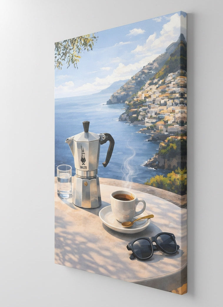 Vue profil tableau cafetière italienne sur toile impression haute définition design contemporain
