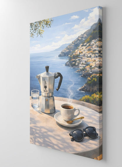 Vue profil tableau cafetière italienne sur toile impression haute définition design contemporain
