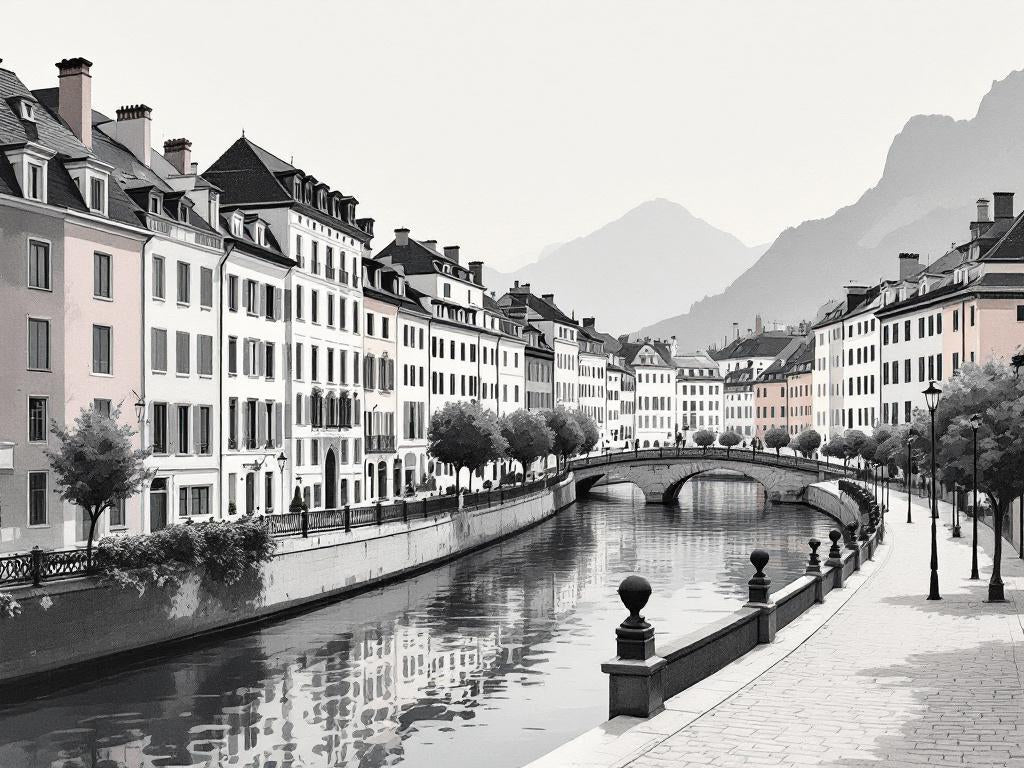 Tableau moderne ville européenne canal et pont ambiance alpine
