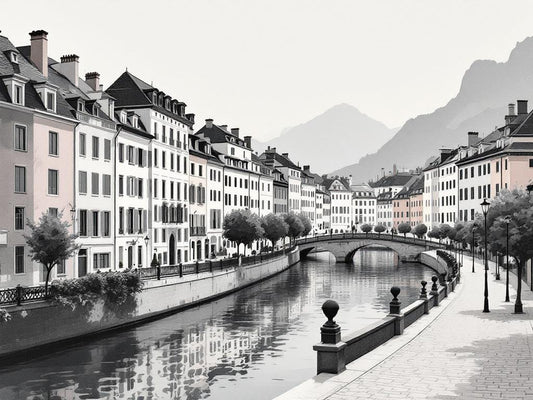 Tableau moderne ville européenne canal et pont ambiance alpine
