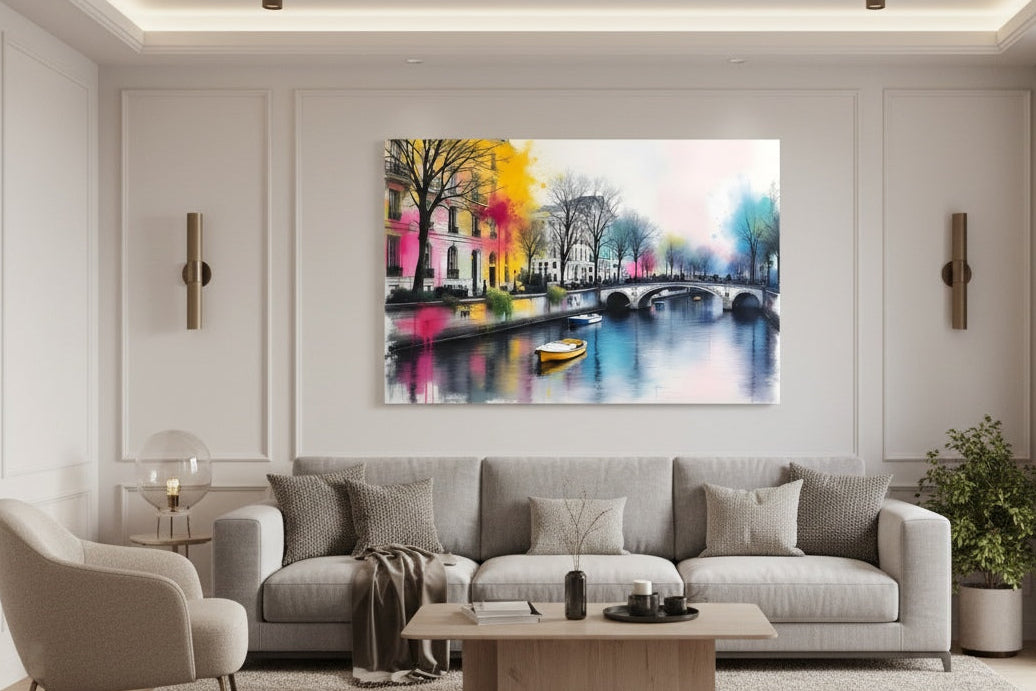 Tableau Canal Saint Martin accroché dans salon moderne ambiance parisienne artistique
