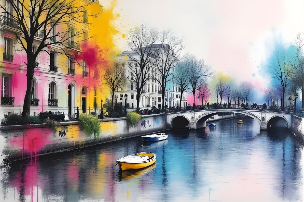 Tableau contemporain Canal Saint Martin Paris avec reflets colorés et architecture haussmannienne
