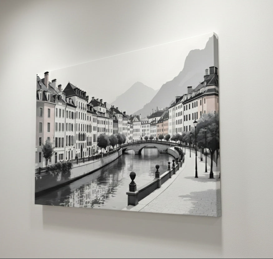 Tableau contemporain paysage urbain montagne pour salon lumineux
