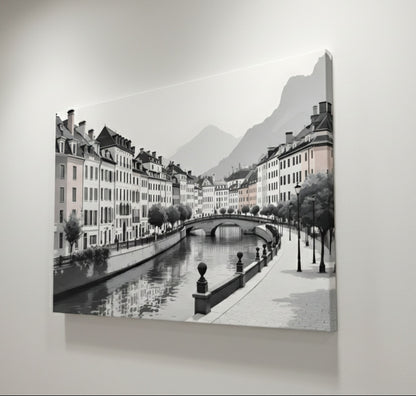 Tableau contemporain paysage urbain montagne pour salon lumineux
