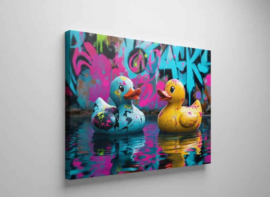 Illustration de canards pop art avec éclats de peinture et ambiance street art
