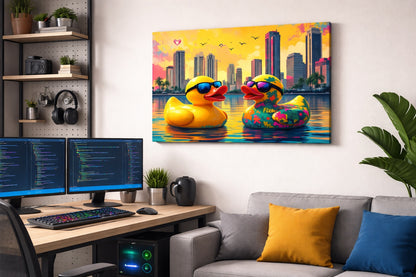 Canards pop art dans un décor urbain moderne
