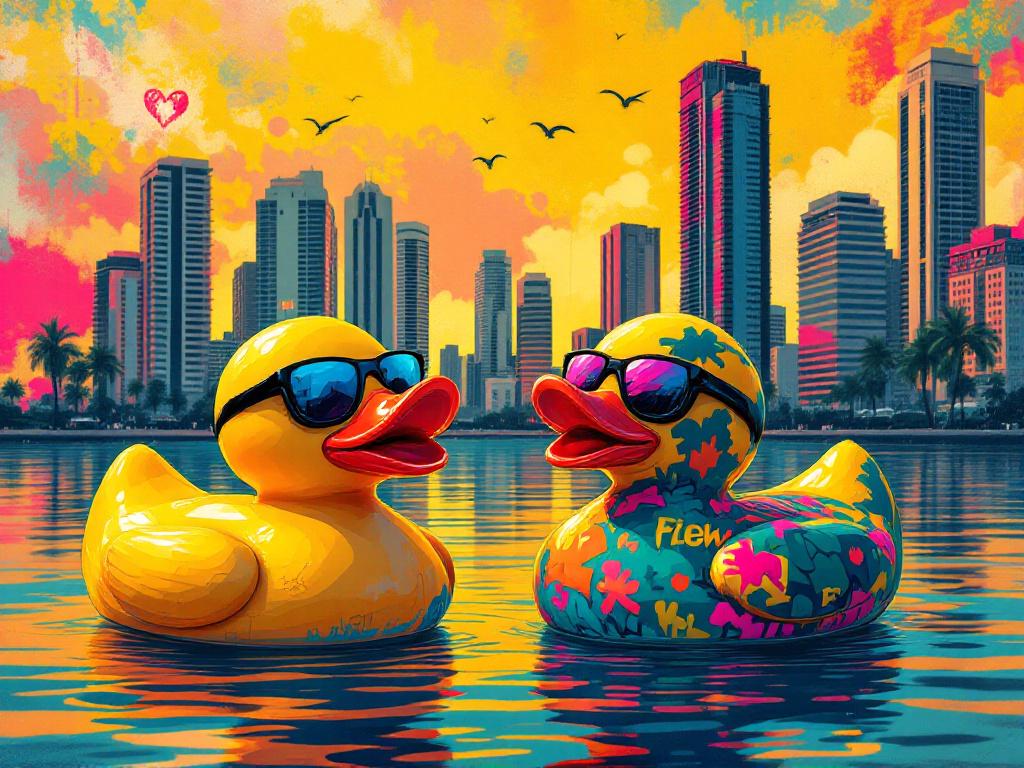 Tableau canards pop art urbains face à une skyline moderne
