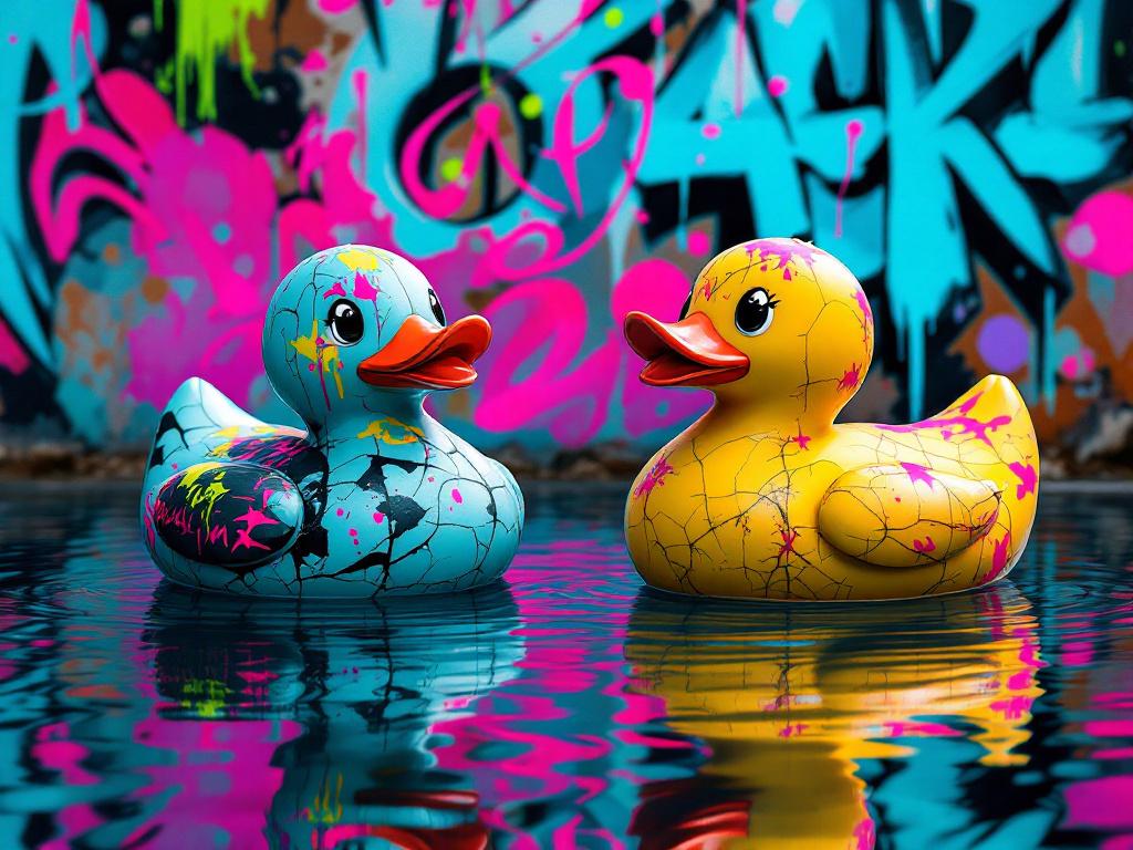Canards colorés style pop art dans un décor graffiti urbain, tableau animal décalé
