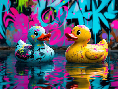 Canards colorés style pop art dans un décor graffiti urbain, tableau animal décalé
