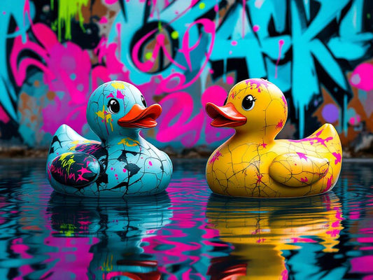 Canards colorés style pop art dans un décor graffiti urbain, tableau animal décalé
