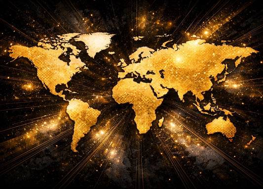 Carte du monde dorée effet lumineux sur fond noir
