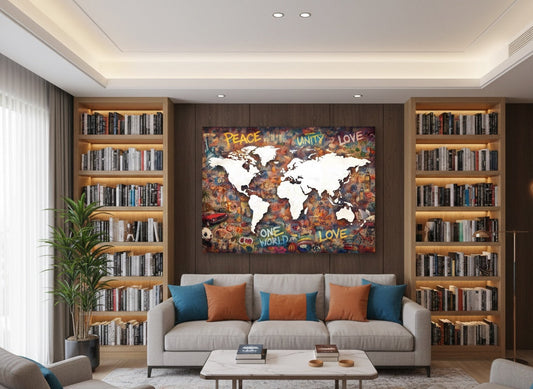 Carte du monde pop art intégrée dans un intérieur moderne
