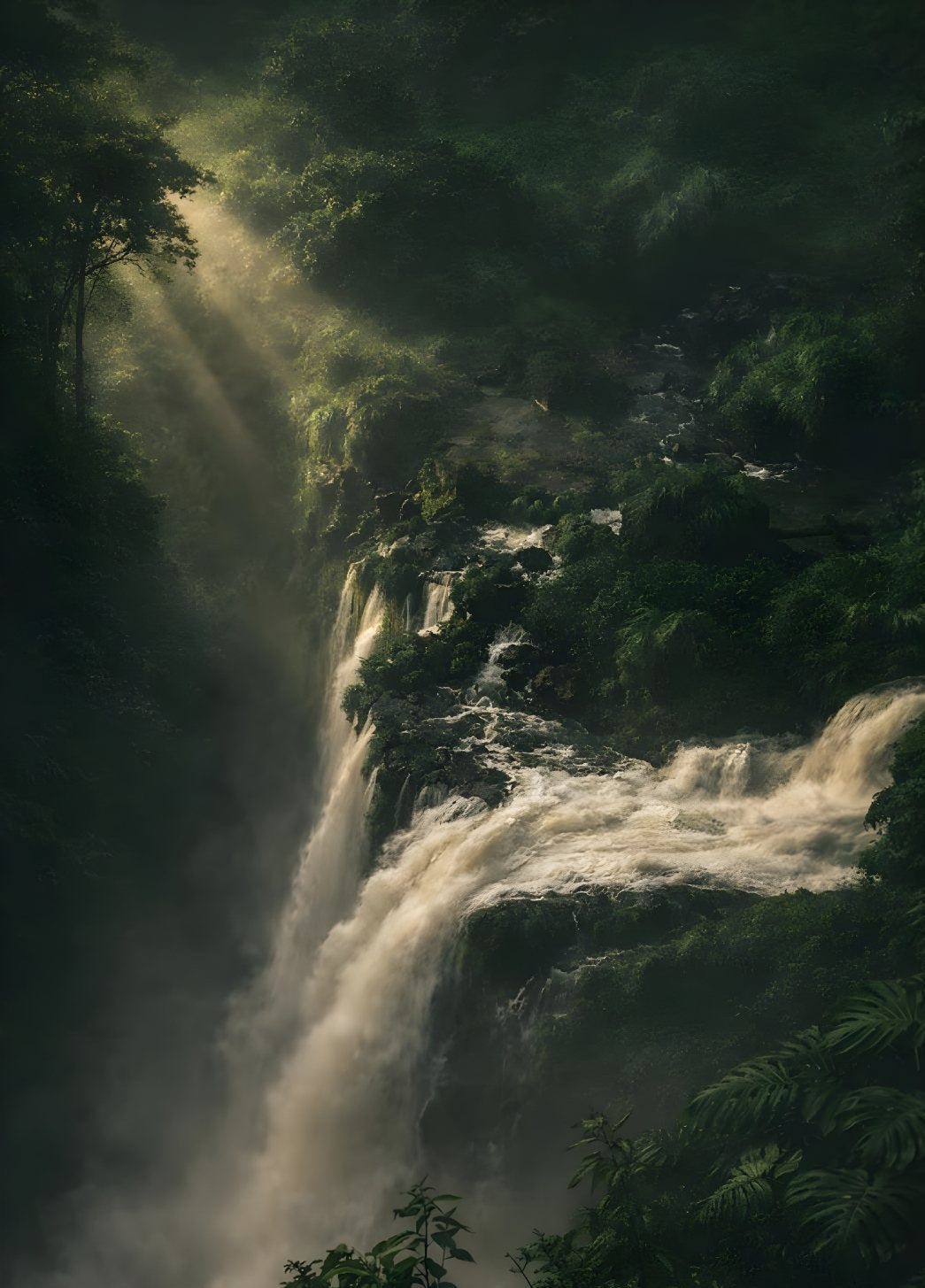Tableau cascade avec lumière traversant la forêt tropicale ambiance immersive naturelle
