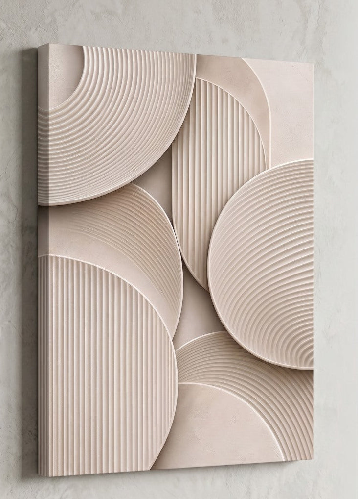 Tableau abstrait Cercles de Sable imprimé sur toile aux nuances ivoire et crème
