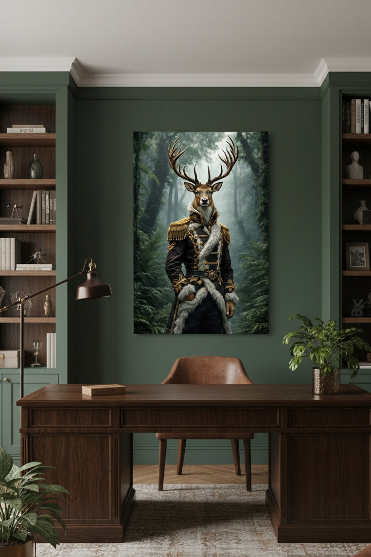 Tableau cerf en forêt brumeuse style narratif
