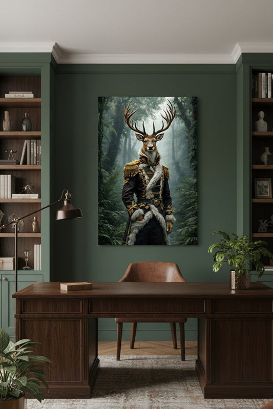 Tableau cerf en forêt brumeuse style narratif
