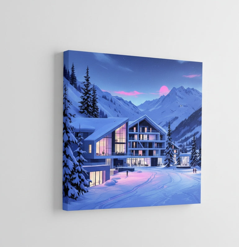 Détail architectural du chalet iconique éclairé dans la nuit alpine
