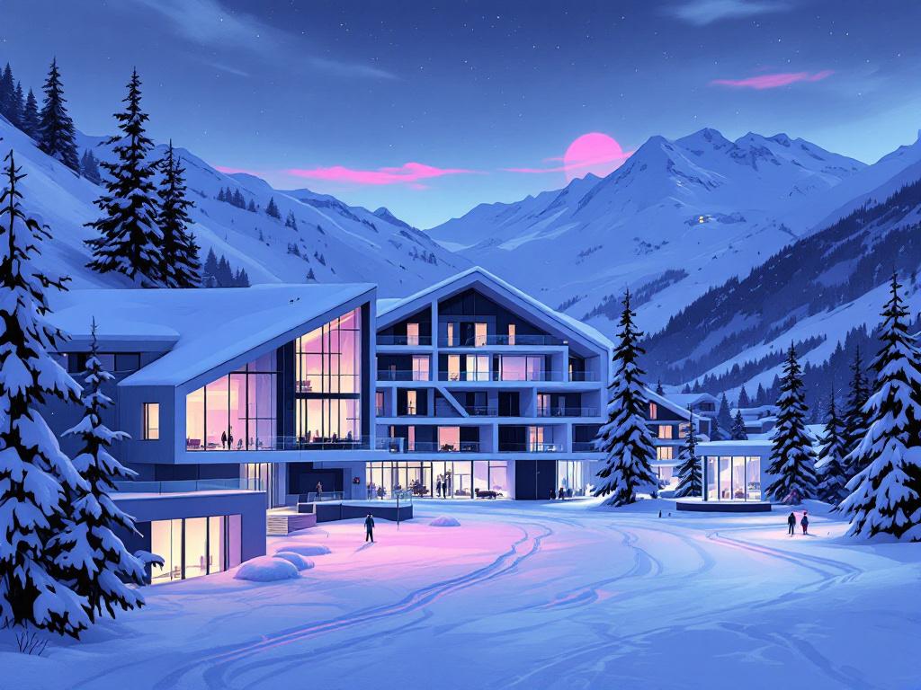 Tableau représentant un chalet iconique de montagne dans un paysage nocturne
