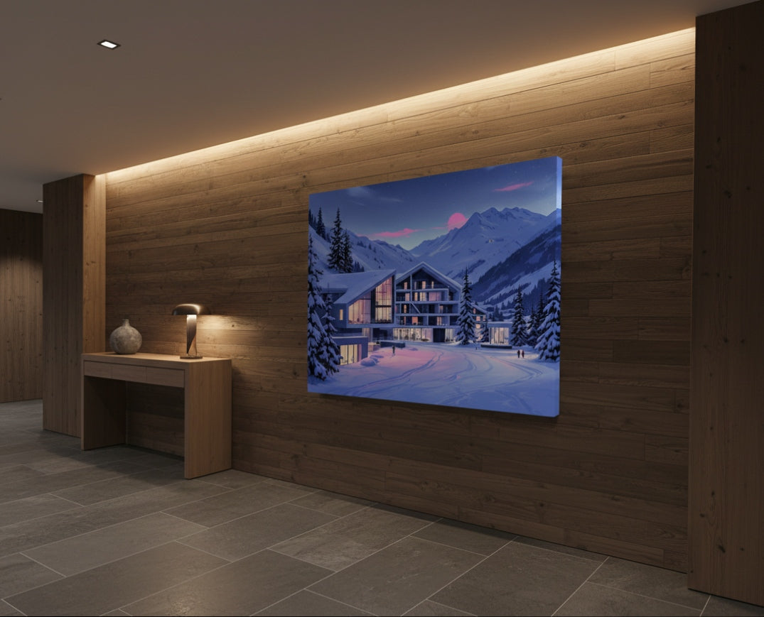 Tableau art mural chalet iconique de montagne en décoration contemporaine
