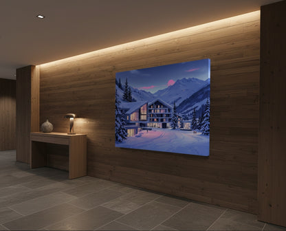 Tableau art mural chalet iconique de montagne en décoration contemporaine
