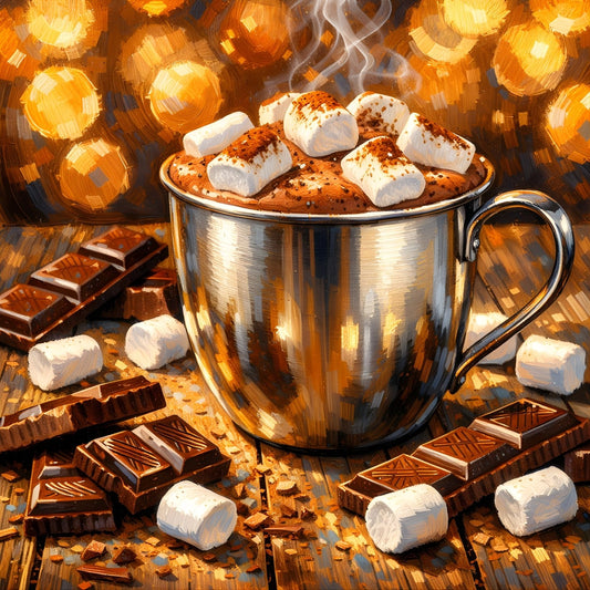 Tableau chocolat chaud gourmand avec marshmallows fondants et lumière dorée, ambiance cosy
