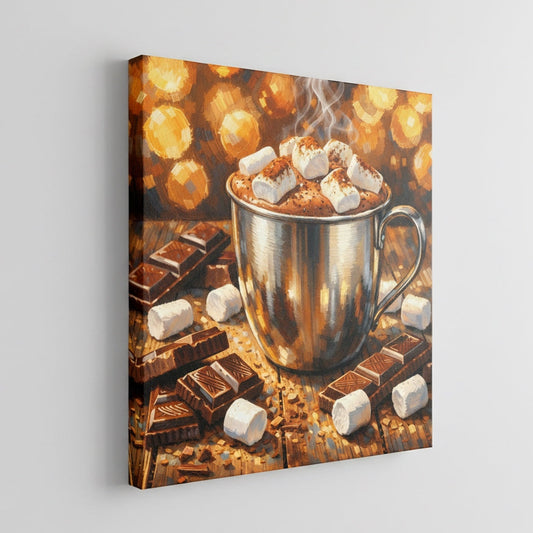 Vue de profil du tableau chocolat chaud sur châssis, finition soignée et texture visible

