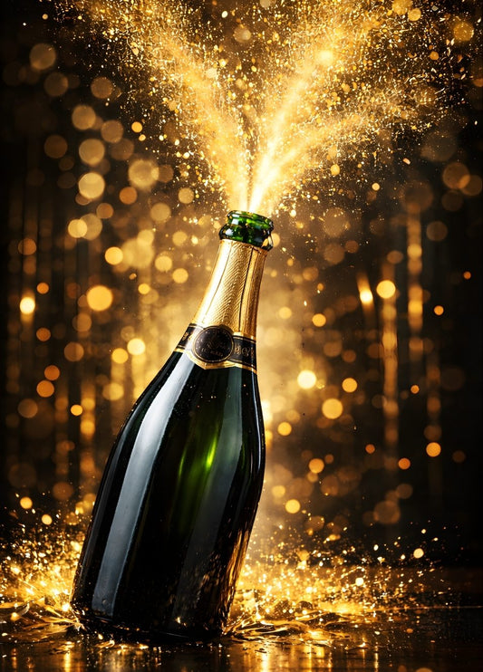 Tableau bouteille champagne explosion dorée étincelles luxe décoration murale contemporaine
