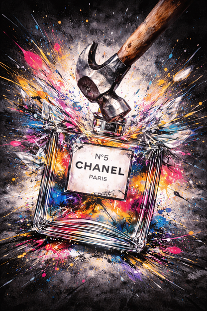 Tableau pop art Chanel N°5 brisé vue de face
