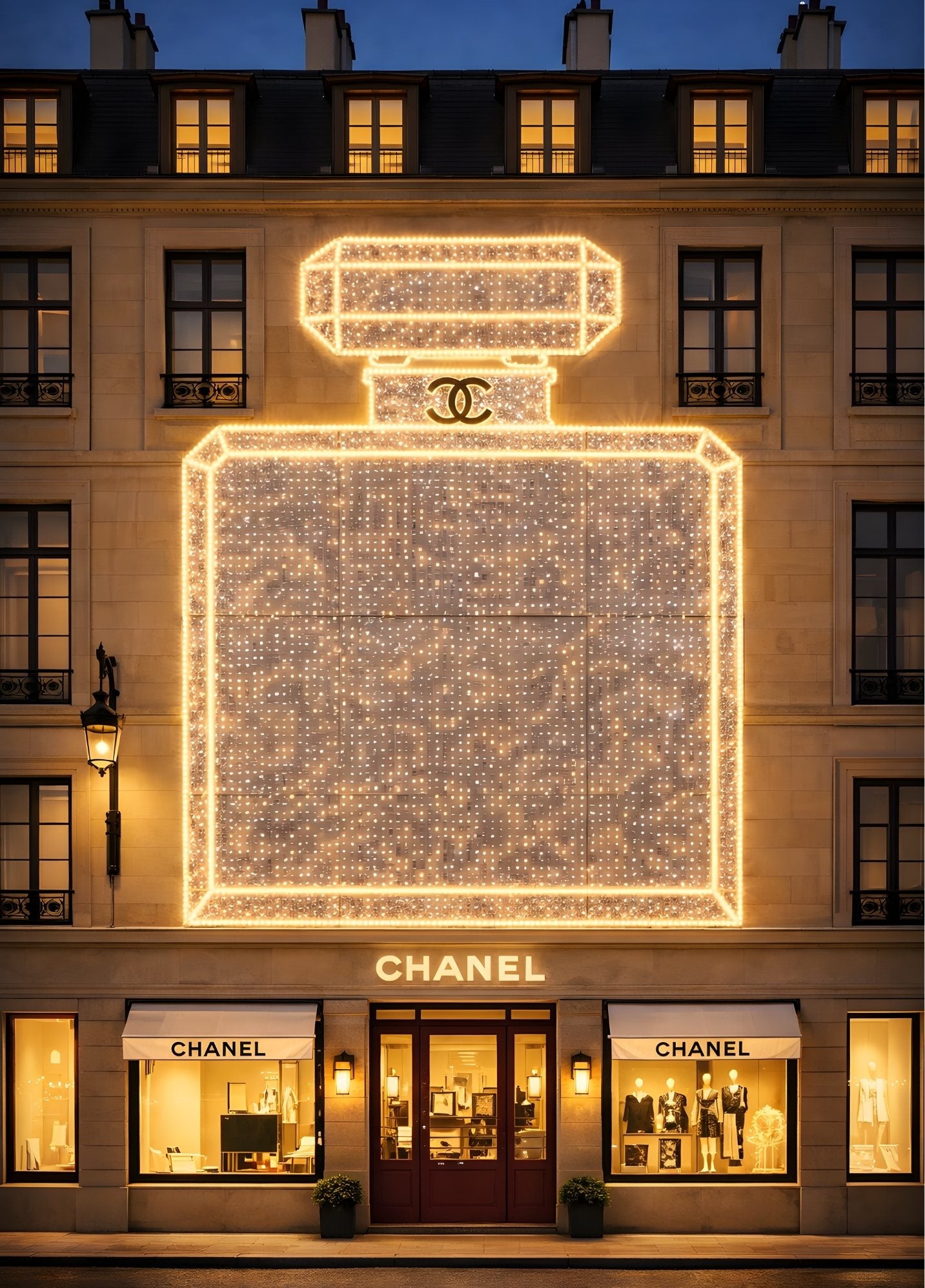 Tableau façade CHANEL illuminée à Paris de nuit
