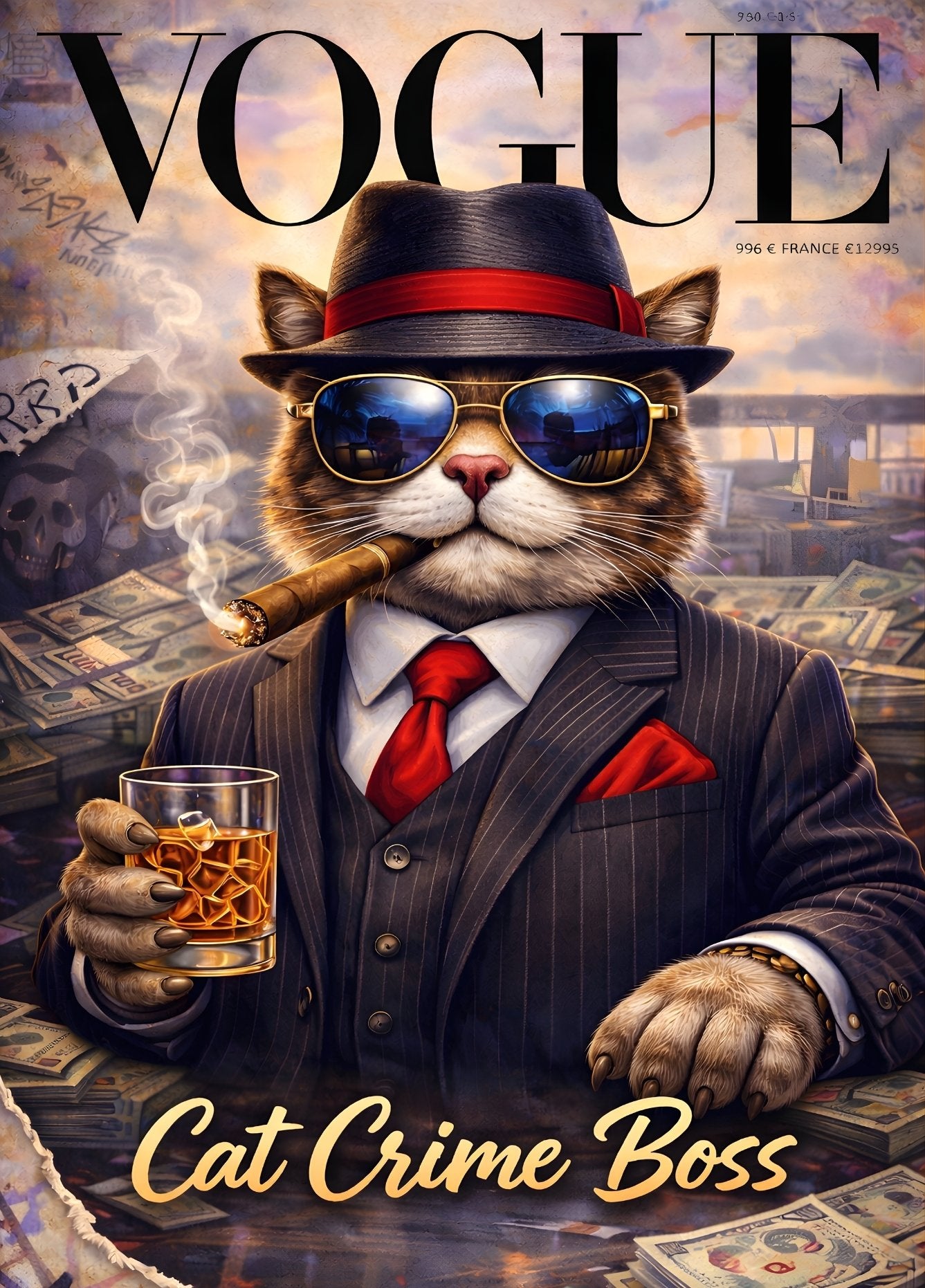 Tableau chat costume mafia cigare whisky style couverture magazine luxe
