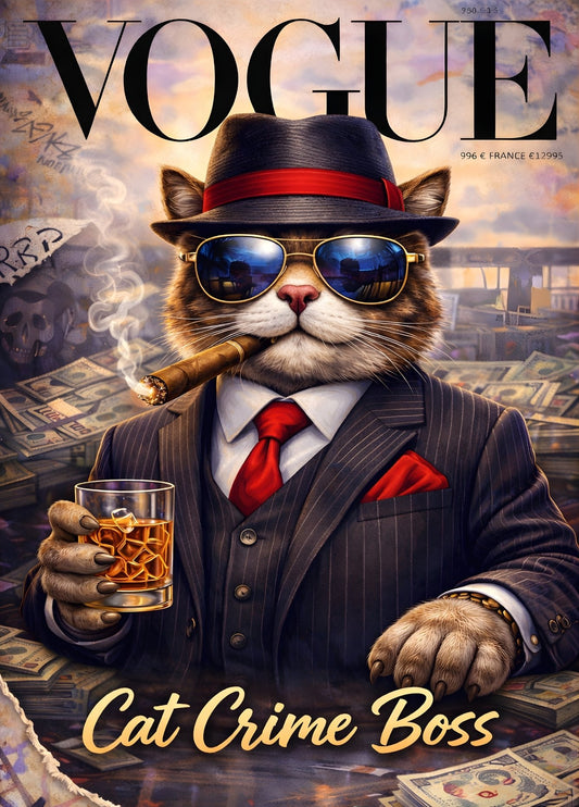 Tableau chat costume mafia cigare whisky style couverture magazine luxe
