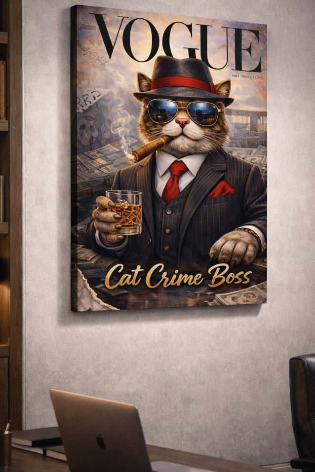 Tableau mural chat mafia costume pour salon contemporain design
