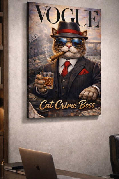 Tableau mural chat mafia costume pour salon contemporain design
