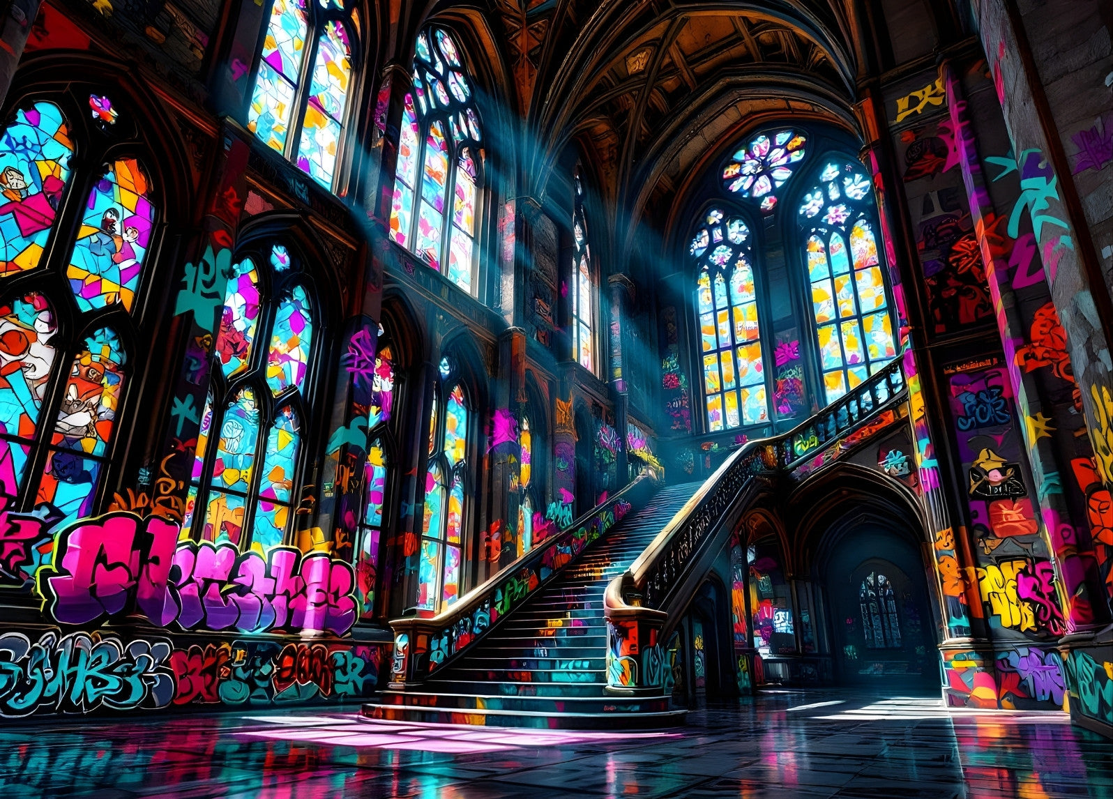 Château gothique intérieur escalier monumental graffiti street art vitraux colorés ambiance urbaine artistique
