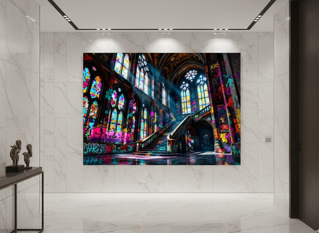 Château graffiti street art accroché dans loft moderne décoration murale urbaine
