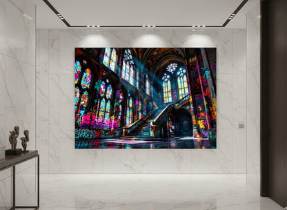 Château graffiti street art accroché dans loft moderne décoration murale urbaine
