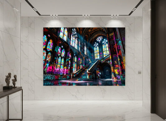 Château graffiti street art accroché dans loft moderne décoration murale urbaine
