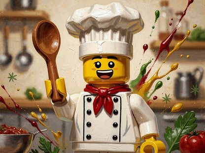 figurine lego chef cuisine pop art peinture éclaboussures colorées texture huile
